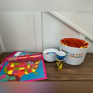 Toddler Bundle: Puzzles, Toy Bin, 6 Piece Melamine Dish-ware Set